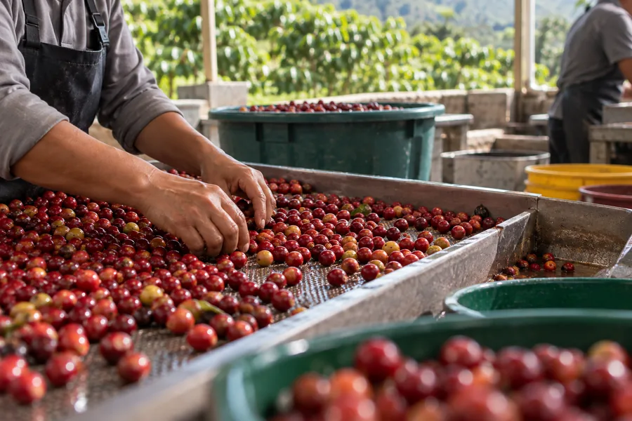 Selección manual de cerezas de café maduras
